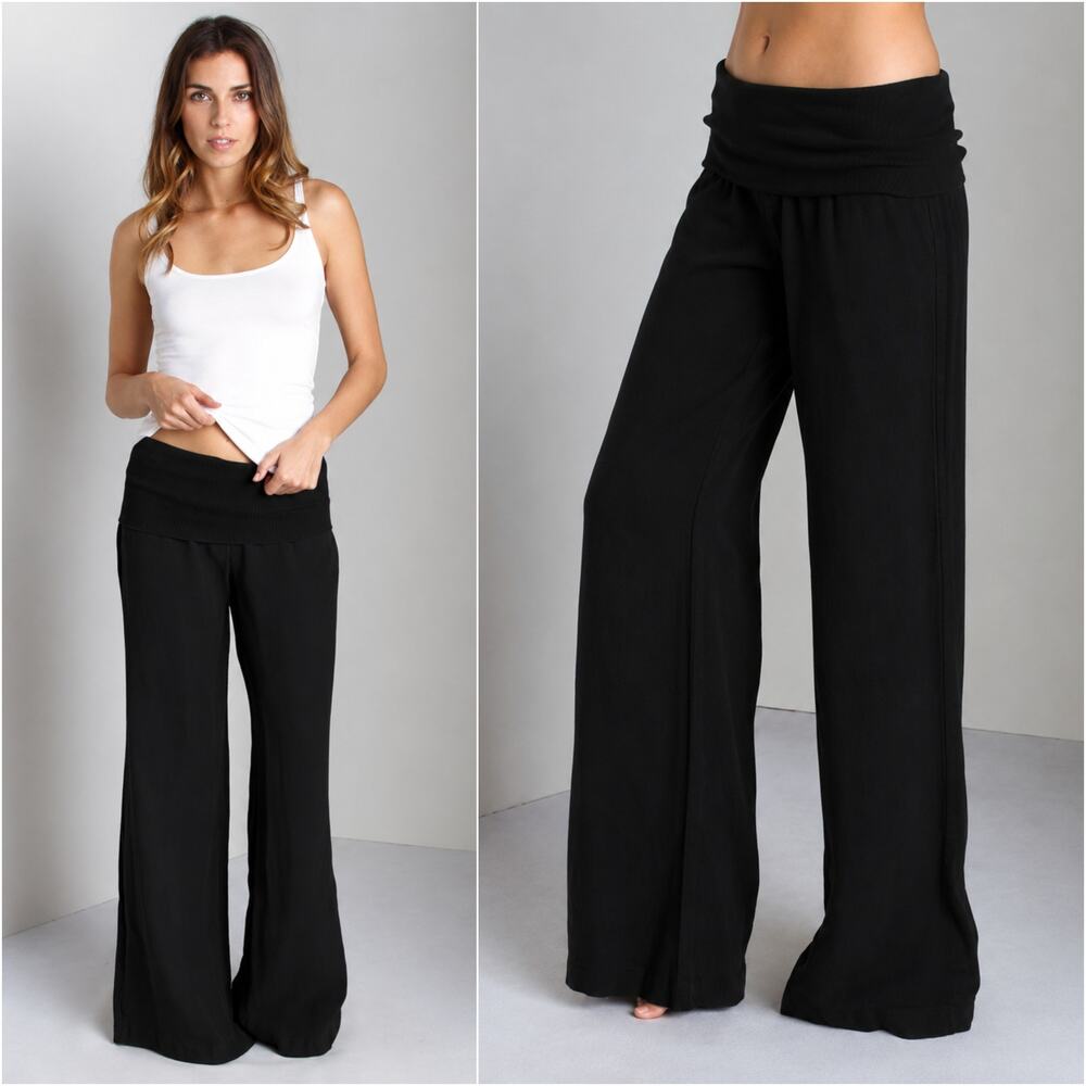 Bella Dahl Summer 100% Linen Roll Over Pants Palazzo Wide Leg Black Womens Sz M